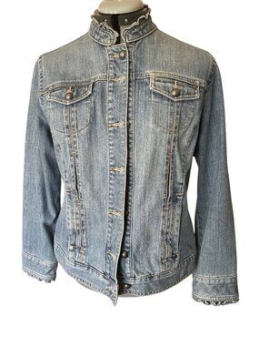 Chicos Platinum Denim Jacket Sz 1 (Med) Light Blue Ruffle Trim Mandarin Collar